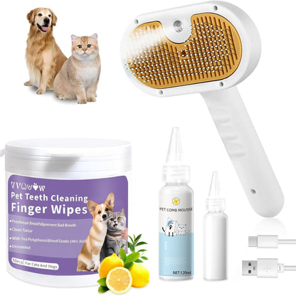 US Local Universal Pet Steam Brush For Cats And Dogs 3-in-1 Spray Hair Removal Comb With Waterless Shampoo And Ear Towel
