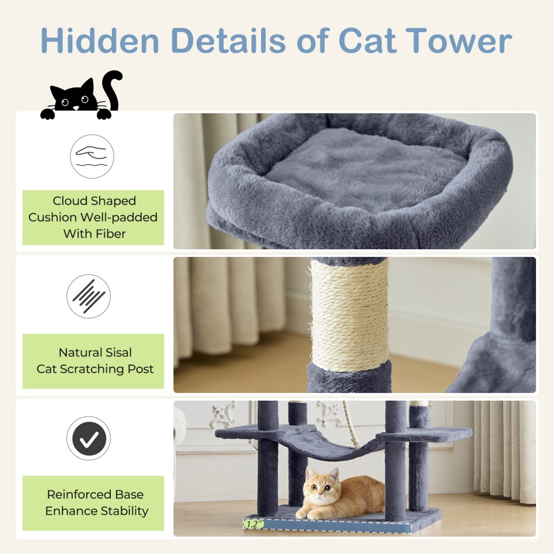 US Local 66 Inch Cat Tree Tower, Large Multi-Cat Climbing Extended Platform, Hammock, Pet House For Indoor Cats And Kittens Play