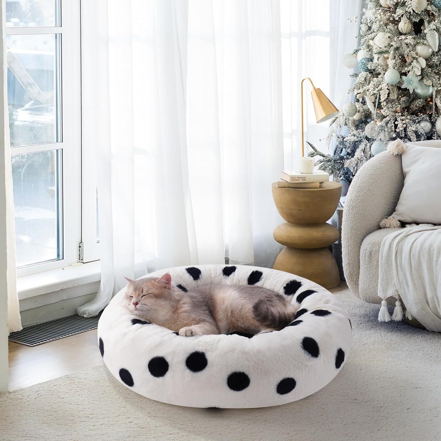 MEWOOFUN Donut Cat Bed For Indoor Cats - 23 Inch Round Washable Pet Bed With Non-Slip Bottom, Plush Fluffy Small Dog Bed For Puppies & Kittens, Black Dot