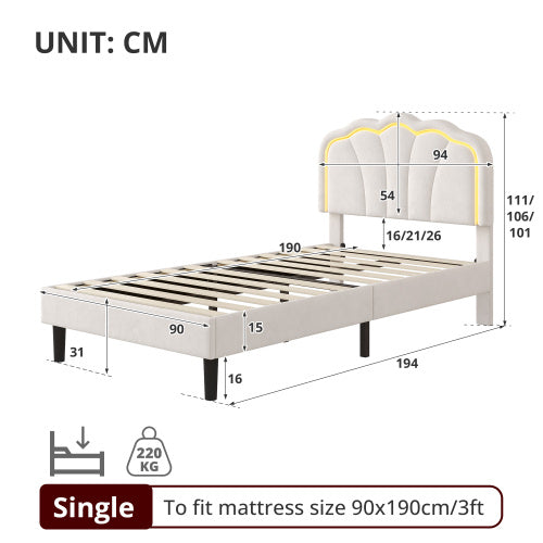 UK Local 3ft Single Upholstered Bed With LED Adjustable Shell Shape Headboard, Soft Velvet Bed Frame With Solid Wood Slat, No Box Spring Needed, Easy Assembly, Cream White No Mattress