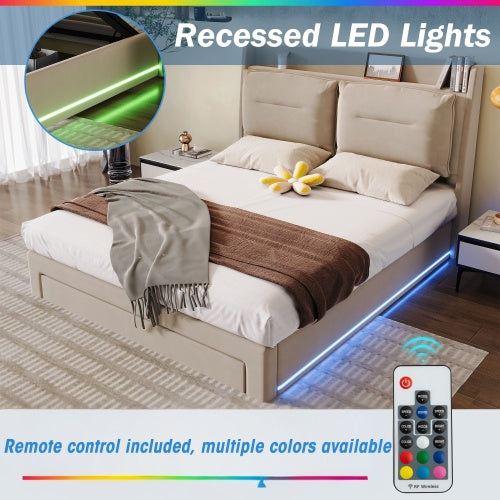 UK Local Upholstered Bed, 135x190 4ft6, Double Bed, Hydraulic Bed, 2-in-1 Storage Drawers At The End Of The Bed, Recessed LED Light Strips On Both Sides Of The Bed, Slatted Frame, Velvet,Beige