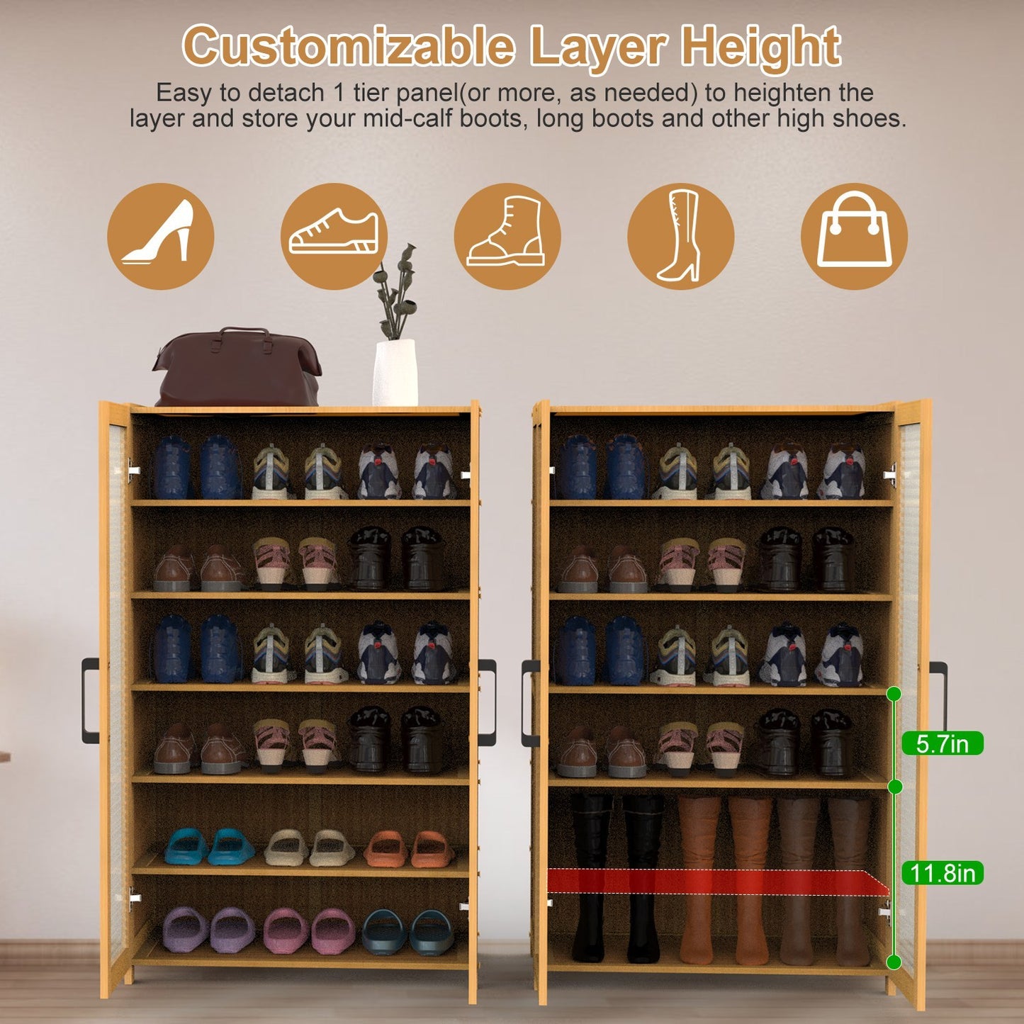 US Local 1Pc 6Tier Shoe Cabinet With Bamboo Shoe Rack Freestanding Shoe Organizer With 2 Hollow Doors And Handles 154lbs Max Load For Closet Hallway Living Room