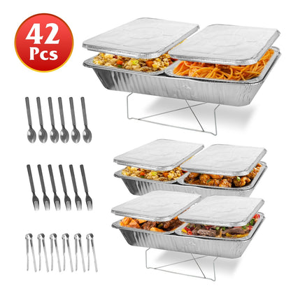 US Local 42Pcs Serve 6 Guests Disposable Chafing Dish Buffet Set Chafing Servers With Covers Spoons Forks Tongs Full-Size Pans Food Warmers For Parties Events Catering Supplies With Utensils And Lids