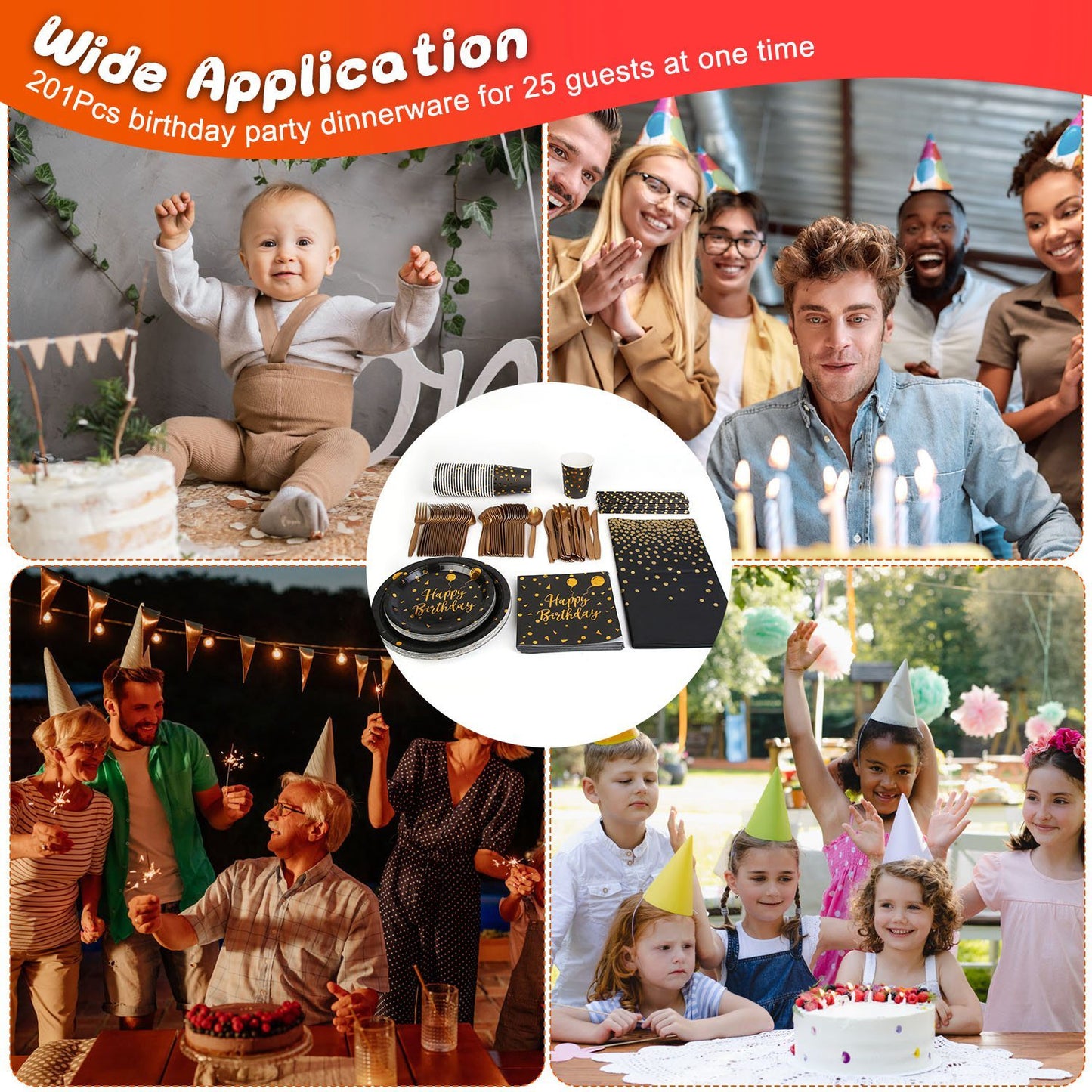 US Local 201 PCS Black Gold Birthday Party Supplies For 25 Guests Happy Birthday Disposable Dinnerware Set Paper Plates 9OZ Cups Straws Napkins Forks Knives Spoons Tablecloth