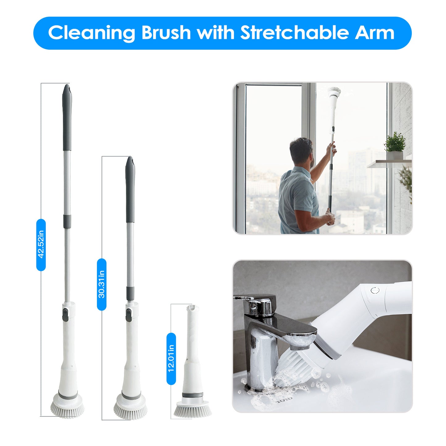 US Local 1Set Electric Spin Scrubber Cordless Rechargeable Telescopic Cleaning Brush 6 Replaceable Heads 2 Speed Adjustable Extension Arm Bathroom Tub Tile Floor