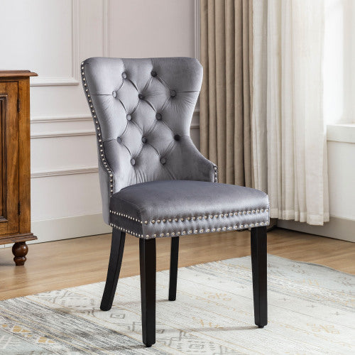 UK Local Elvet Dining Chairs Set Of 2 ,4, 6 With OAK Legs, Button, Chrome Knocker And Nailhead Trim Bedroom Chair Kitchen Chair Living Room Lounge Leisure Chair Grey, 2pcs,4pcs,6pcs
