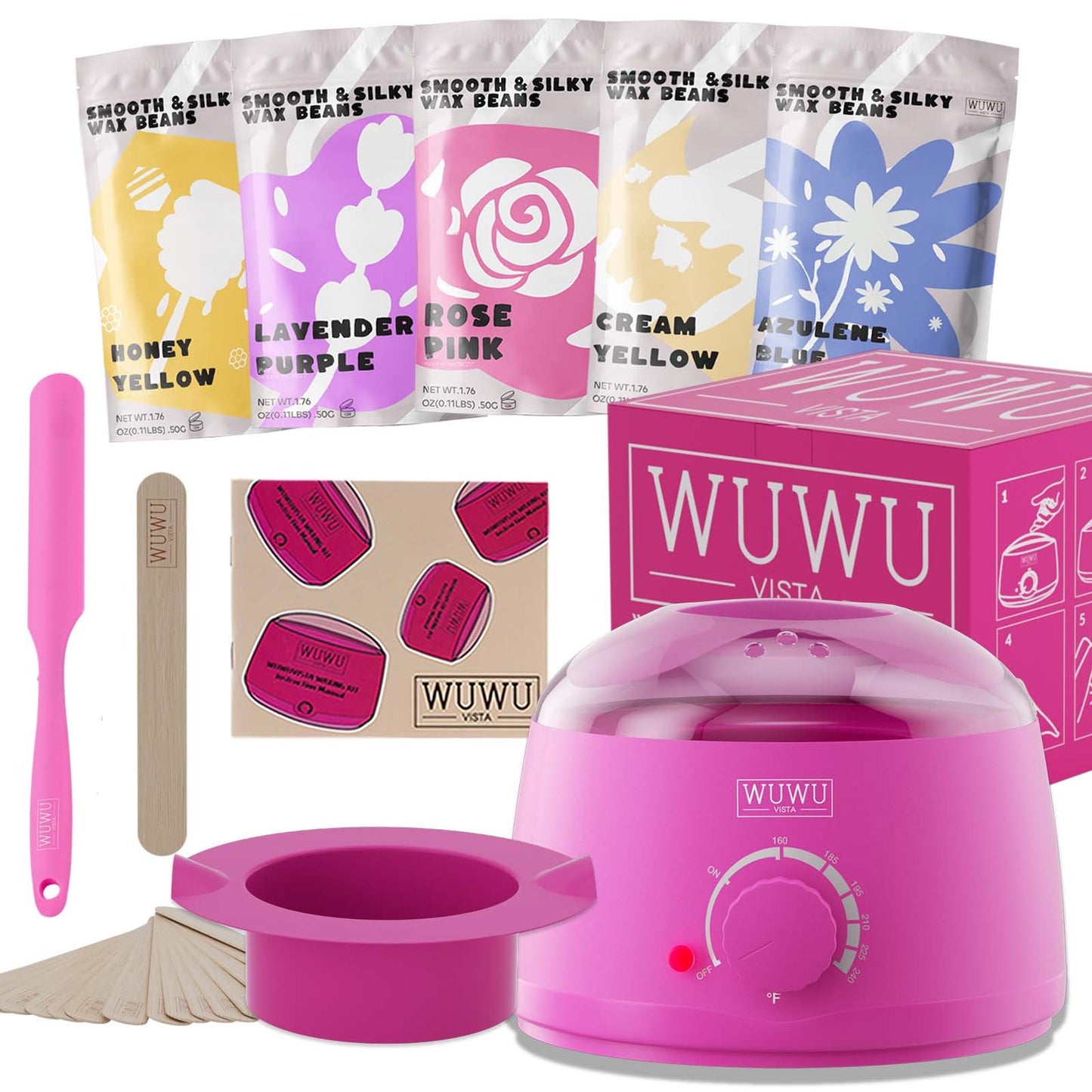 US Local Waxing Kit 19 Items, WUWUVISTA Hair Removal Wax Kit With Wax Melt Warmer Waxing Beads For Face, Brazilian, Full Body, Bikini Suitable For Plugs Of American & European Specifications