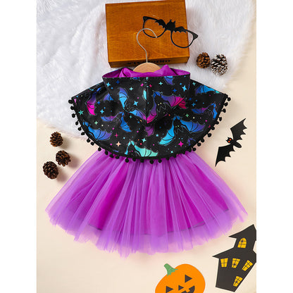 US Local Little Girls 2Pcs Halloween Outfits Sleeveless Tulle Dress With Hooded Cloak Set Clothes