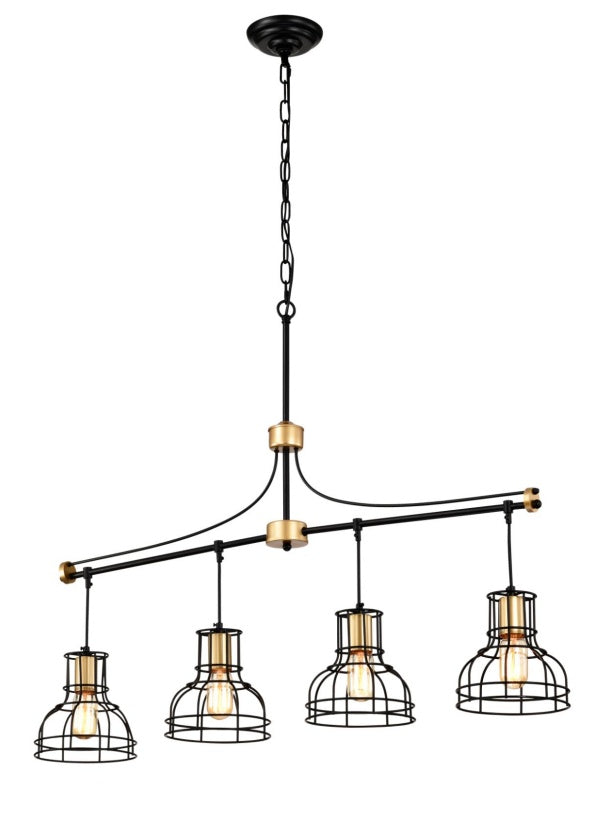 US Local Dining Room Light Fixture Chandelier Over Table, 40-Inch Hanging For Farmhouse Linear Chandeliers,4-Light Kitchen Island Lighting,Matte Black And Matte Gold Ceiling Chandelier,with Metal Lampshade