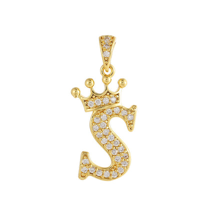 Gold Plated Copper Inlaid Zircon Crown 26 English Letters Full Diamond Pendant Parts