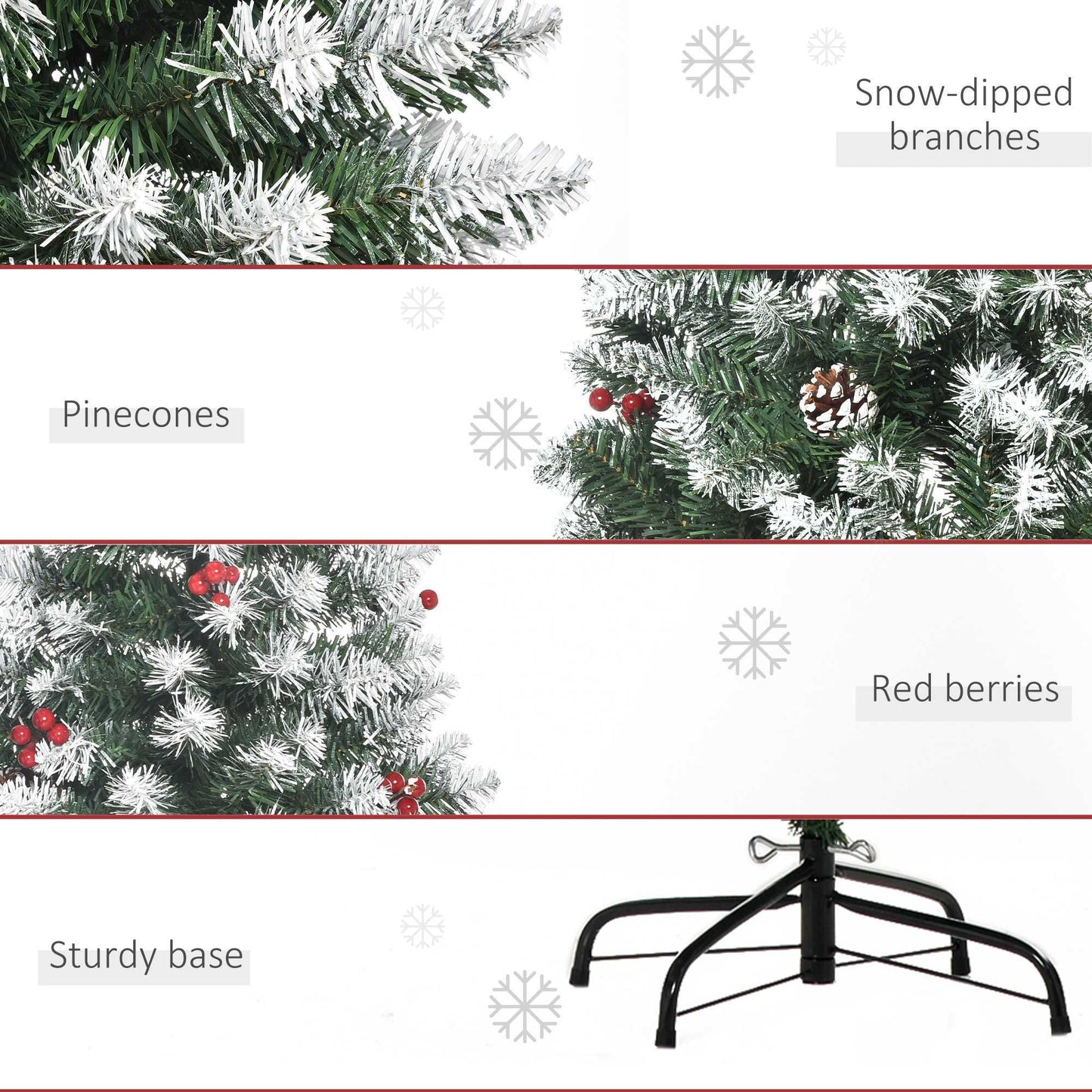CA Local 6 ft Decorated Christmas Tree With Red Berries And Pine Cones, Flocked Christmas Tree With Pencil Shape, Green