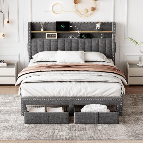 UK Local 4ft6 Double Upholstered Bed With 2 Storage Drawers, Riveted Storage Bed With Charging And Lighting, Linen Platform Bed Frame No Box Spring Needed, Easy Assembly, Grey No Mattress