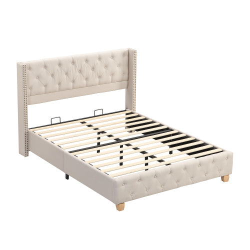 UK Local Upholstered Bed,Double Bed-4ft6 135x190cm ,With Slatted Frame And Headboard, Button Upholstery, Rivet Upholstery, Wooden Legs, Linen, Beige