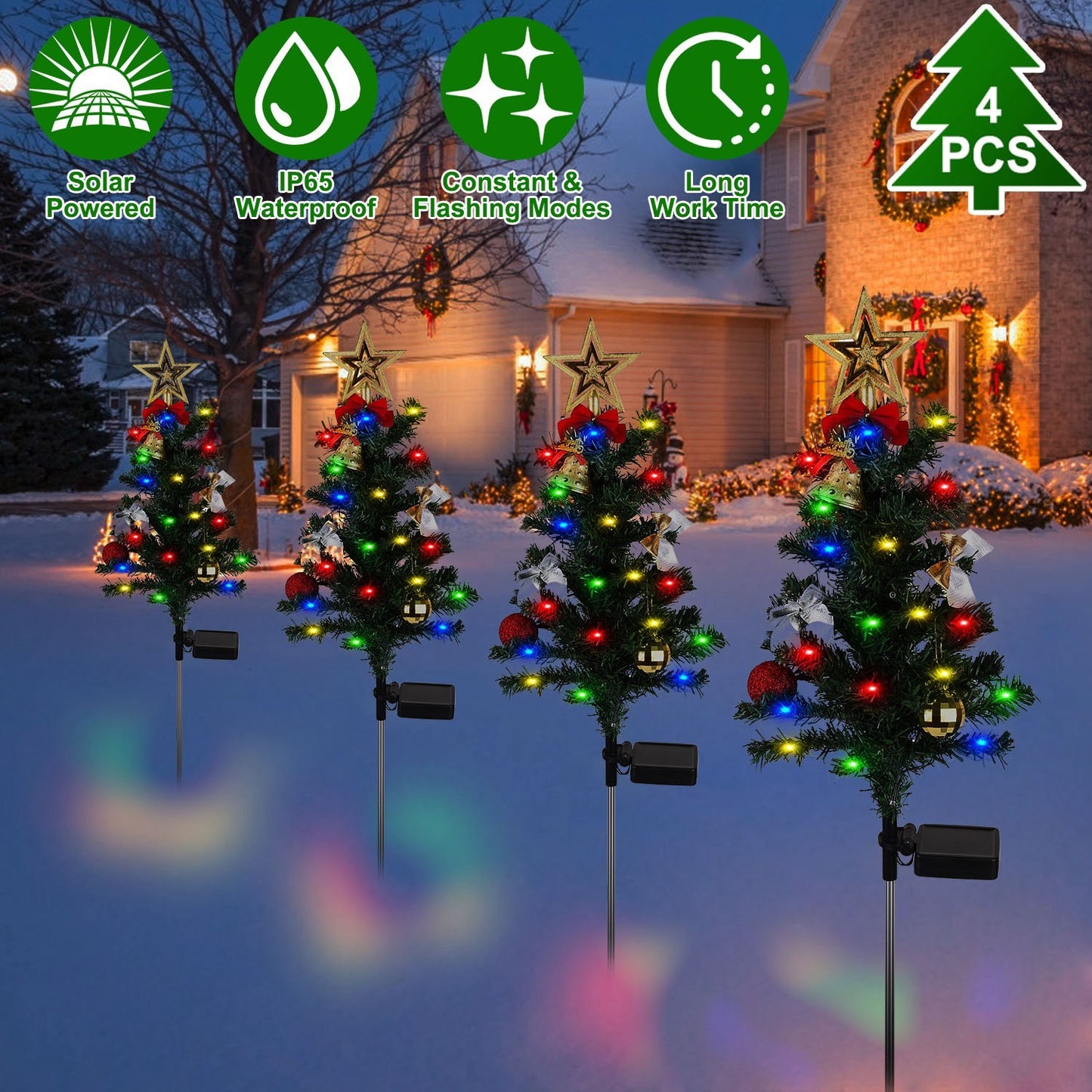 US Local 4Packs Solar Christmas Tree Lights Xmas Garden Decorations Tree Stake Lamp 20LEDs Solar Decor Light With Constant And Flashing Mode For Pathway Yard Patio Landscape