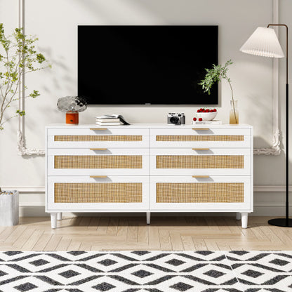 US Local Rattan Dresser With Drawers, 6 Drawer Dresser For Bedroom, Clothes Storage Cabinet For Bedroom, Metal Handle&Wood Legs For Hallway, Living Room, Bedroom,White