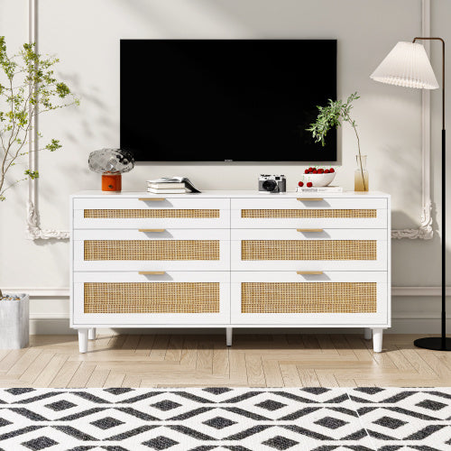 US Local Rattan Dresser With Drawers, 6 Drawer Dresser For Bedroom, Clothes Storage Cabinet For Bedroom, Metal Handle&Wood Legs For Hallway, Living Room, Bedroom,White