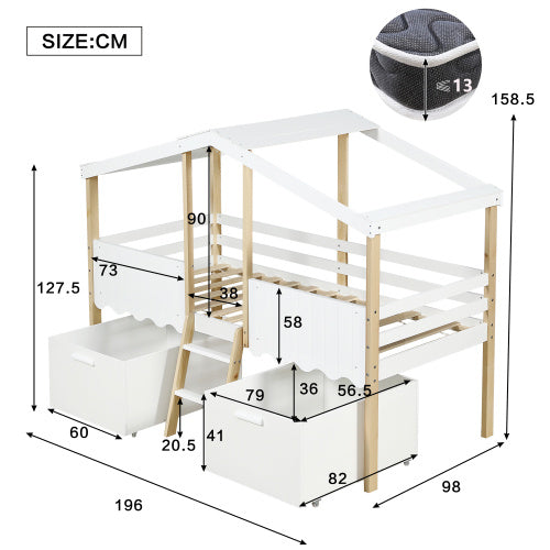 UK Local Wooden Bed, Storage Bed , Children's Bed, 3ft Single Bed 90x190cm, Safety Guardrail, Two Storage Boxes With Wheels, Imitation Roof Shape, Pine Wood  Particle Board, WhiteNatural