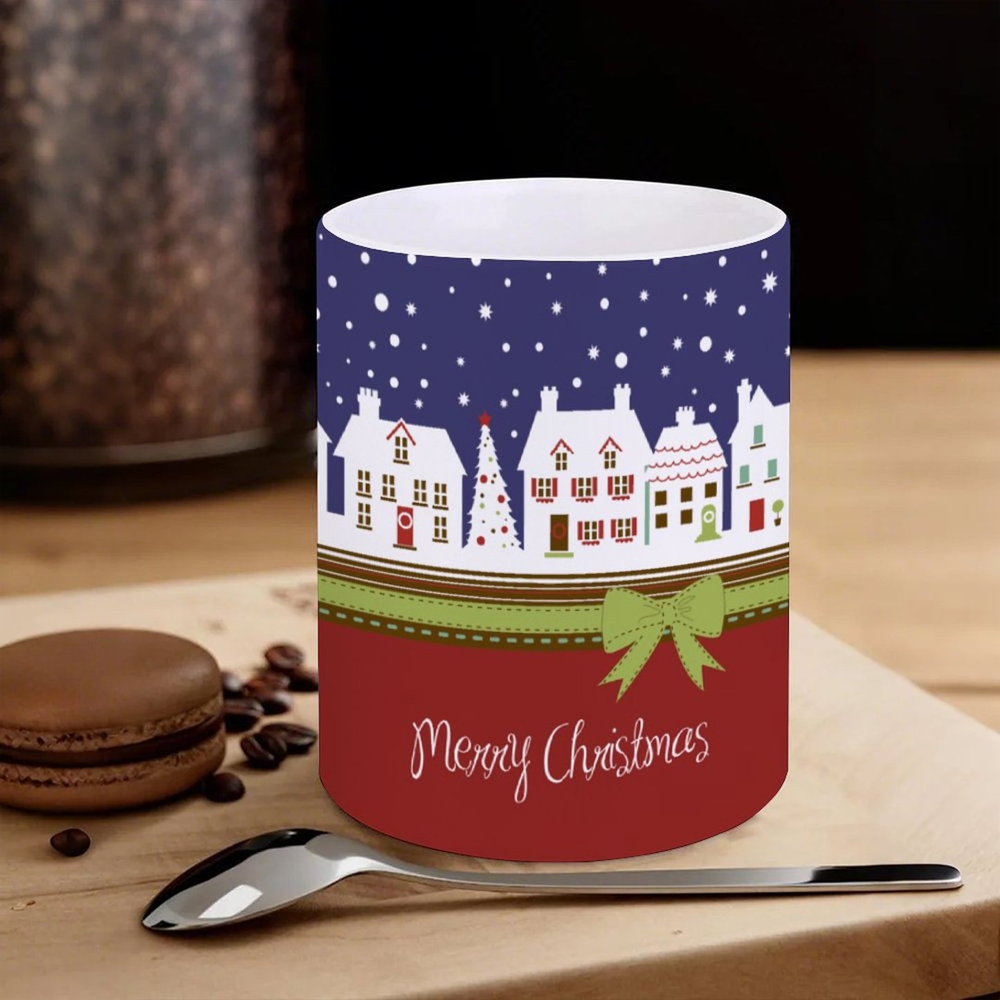 POD US Local White mug with full print, Christmas, Snow, House 0036