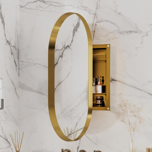 US Local 20x34 Inch Oval Recessed Medicine Cabinet, Metal Framed Bathroom Wall Cabinet With Mirror And Adjustable Shelves, Wall Mirror With Storage For Bathroom, Matte Gold