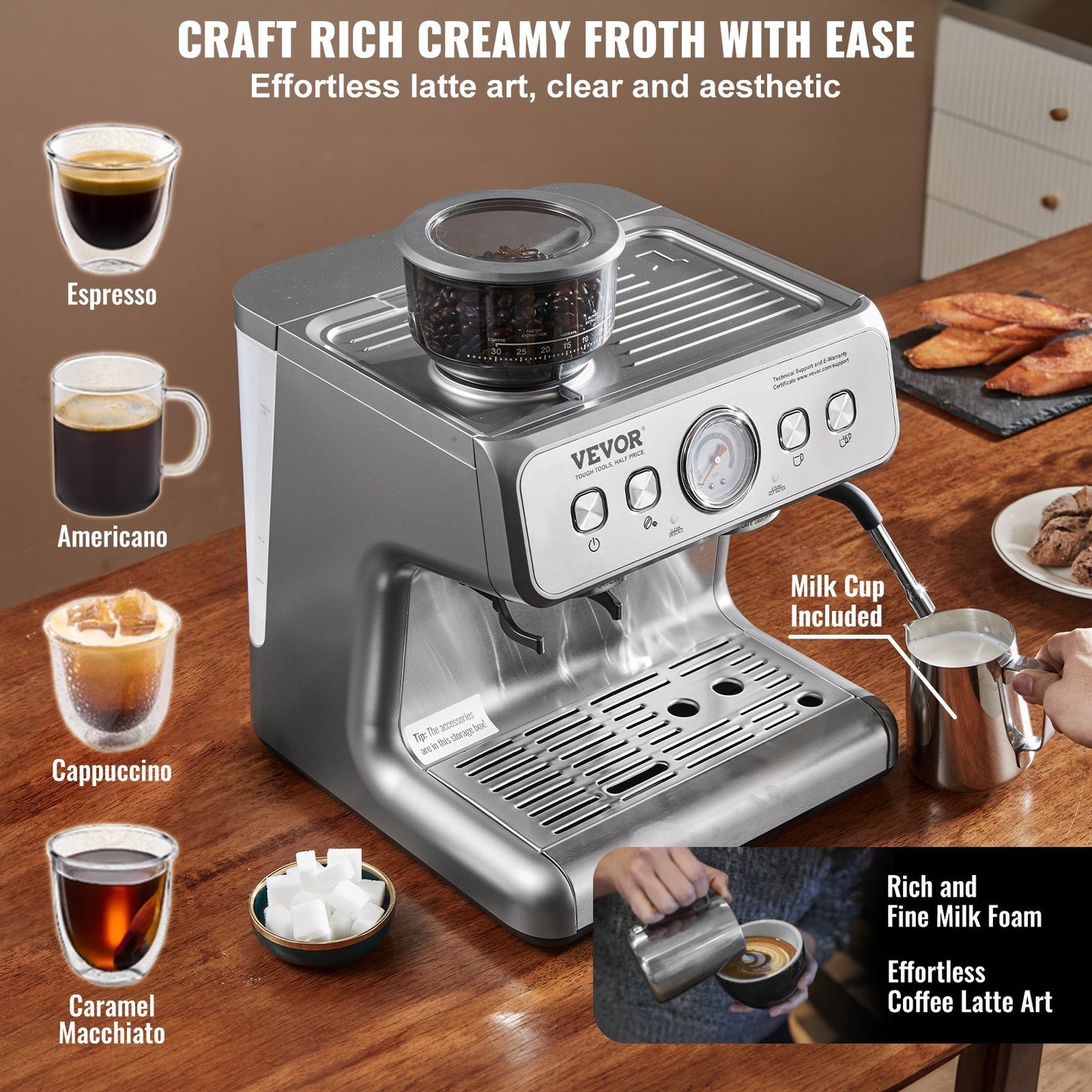US Local Espresso Machine With Grinder, 15 Bar Semi-Automatic Espresso Coffee Maker With Milk Frother Steam Wand, Removable Water Tank & Pressure Gauge For Cappuccino, Latte, Machiato, PID Control System