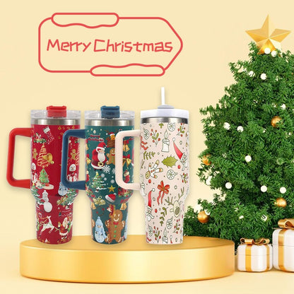 Christmas Pattern Mug With Handle Lid Straw Drinkware Stainless Steel Vacuum Tumbler Large Capacity Car Travel Coffee Cup