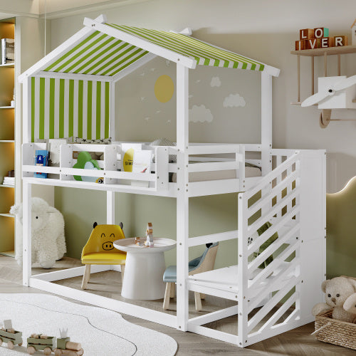 UK Local Bunk Bed, Teen Bed, Children's Bed, 3ft 90x190cm, MDF  Pinewood  Plywood, Decorative Canopy, Corner Staircase, With A Small Picture Bookshelf, White  Green