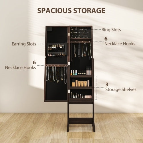 UK Local HOMCOM Freestanding Mirrored Jewellery Storage Cabinet - Dark Brown