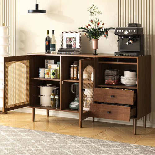 UK Local Country-Style Sideboard With Rattan Doors  130 X 75.5 X 40 Cm  Magnetic Closure, Adjustable Shelves, Sturdy Structure  Elegant And Versatile Design