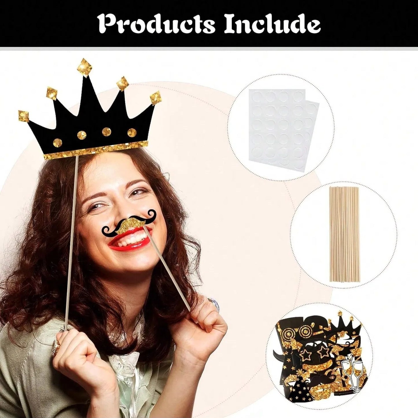 US Local 24 Pieces Party Photo Booth Props For Birthday Weddings Graduation Prom Party Supplies Mix Of Hats, Lipstick, Tie, Crowns Golden,Christmas