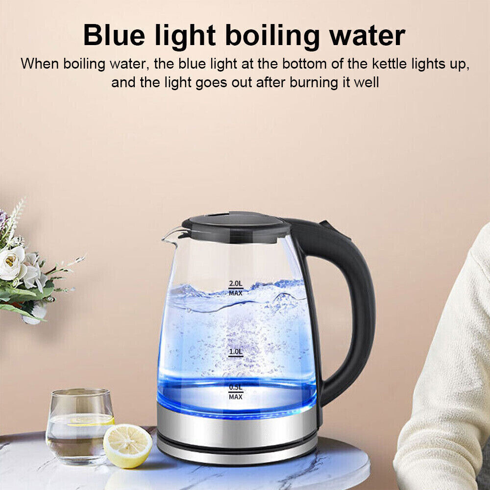 UK Local 2L Electric Kettle Glass 360 Blue LED Illuminated Portable Jug Protection 1800W