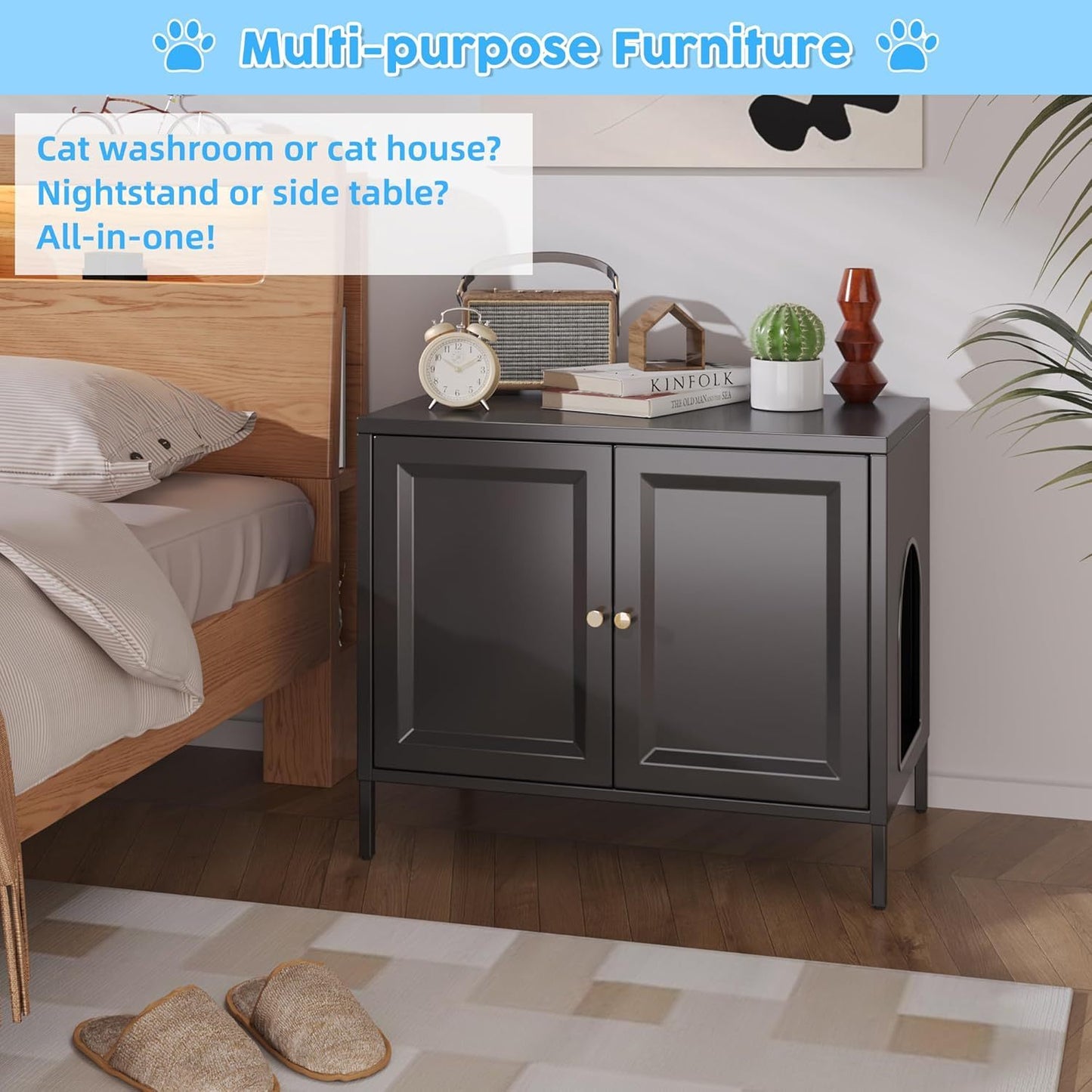 METAN Cat Litter Box Enclosure, Metal Cat Washroom Furniture With Barn Door, Pet House, Fit Most Of Litter Box,Black,Assembly Required