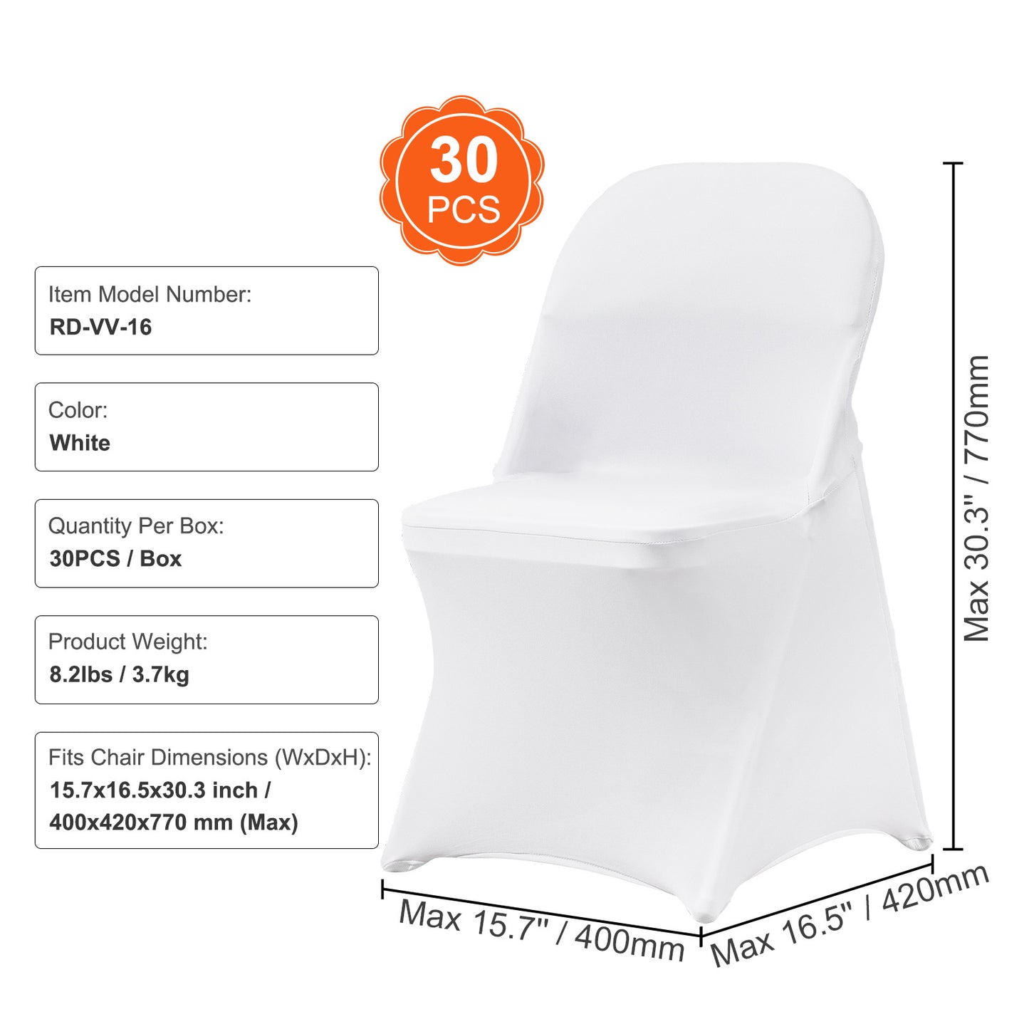 US Local VEVOR White Stretch Spandex Chair Covers - 30 PCS, Folding Kitchen Chairs Cover, Universal Washable Slipcovers Protector, Removable Chair Seat Covers, For Wedding Party Dining Room Banquet Event