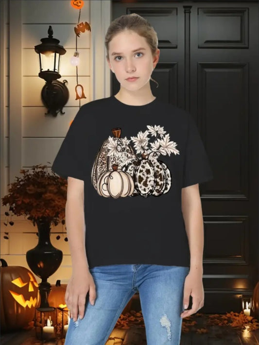 Girls' Halloween Pumpkin Print T-Shirt - Casual Crew Neck,  Machine Washable - Perfect For Summer