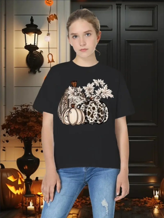 Girls' Halloween Pumpkin Print T-Shirt - Casual Crew Neck,  Machine Washable - Perfect For Summer