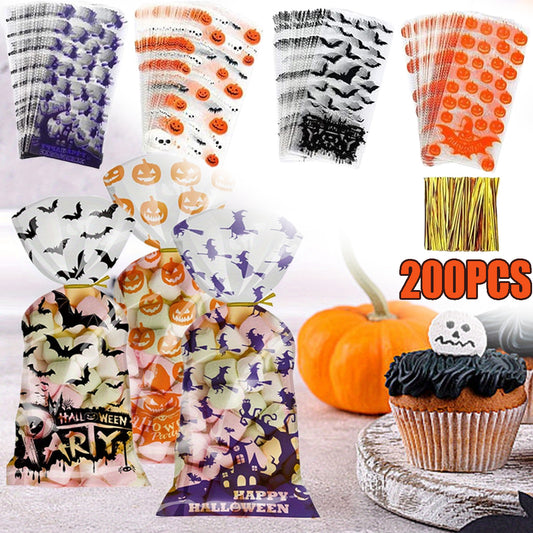 200 Pcs Halloween Cellophane Bags With Twists 4 Styles Snacks Cookies Packing Bags Pumpkin Bat Castle Witch Plastic Clear Candy Bags For Halloween Trick Or Treat Party Favor Supplies