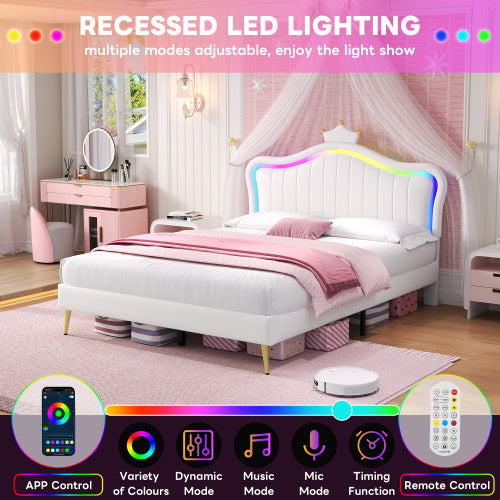 UK Local 4ft6 Double Upholstered Bed With LED Adjustable Crown Shape Headboard, PU Leather Bed Frame With Solid Wood Slat, No Box Spring Needed, Easy Assembly, Cream White No Mattress