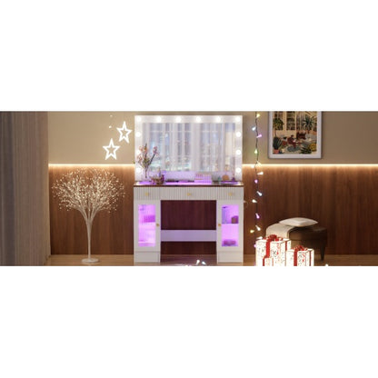 US Local 43.3 Vanity Desk With Large Mirror And Hollywood Bulbs, Modern Glass Top Makeup Vanity With Drawers And Power Outlet, Large Dressing Table With 3 Color Lighting Modes & RGB Cabinets For Bedroom