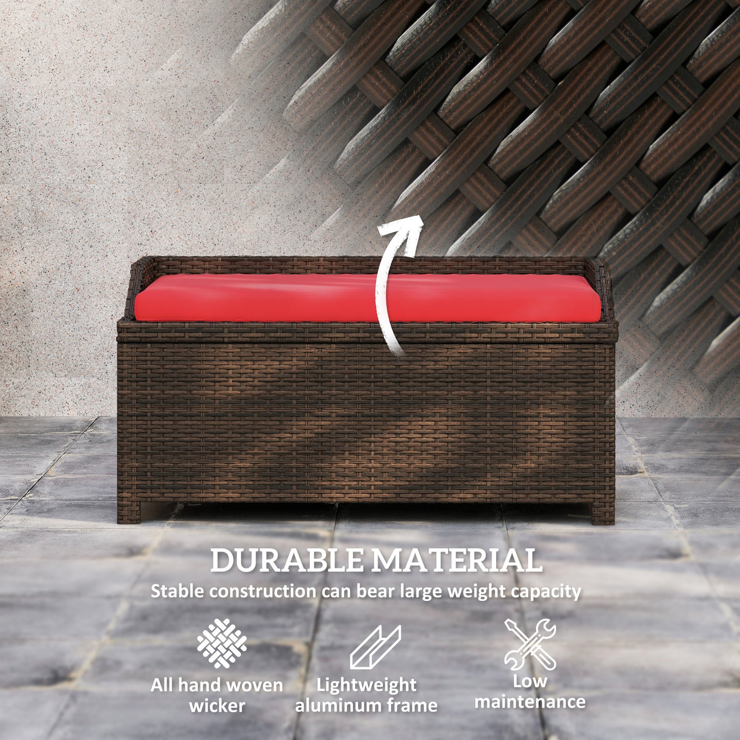 US Local Outdoor Wicker Storage Bench With Storage & Cushion, Red