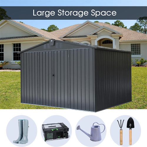US Local Outdoor Storage Shed 10'x 8, Metal Garden Shed For Bike, Trash Can, Tools, Galvanized Steel Outdoor Storage Cabinet With Lockable Door For Backyard, Patio, Lawn  10x8ft, Dark Gray
