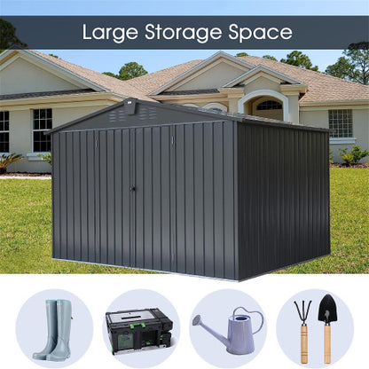 US Local Outdoor Storage Shed 10'x 8, Metal Garden Shed For Bike, Trash Can, Tools, Galvanized Steel Outdoor Storage Cabinet With Lockable Door For Backyard, Patio, Lawn  10x8ft, Dark Gray