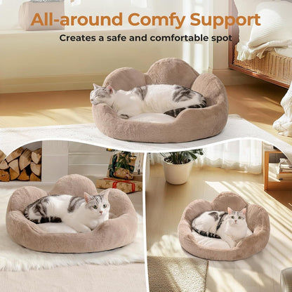 MEWOOFUN Round Cat Bed For Indoor Cats - Cozy Washable Fluffy Pet Couch With Anti-Slip Bottom, Small Dog & Puppy Bed For Kittens 23, Khaki