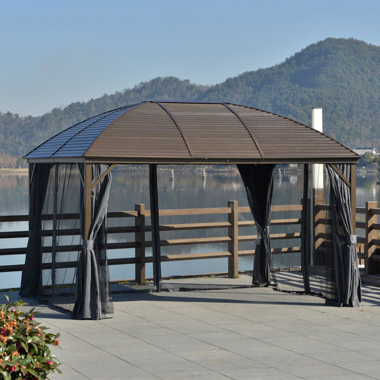 US Local 10x13 Gray Hardtop Gazebo With Steel Roof Curtains Netting Pavilion Ceiling Hook For Patio Garden