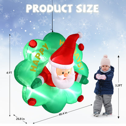 US Local 4ft Window Santa Claus Wreath, 5 LED Lights, Bundle Pocket Christmas Inflatable Decoration