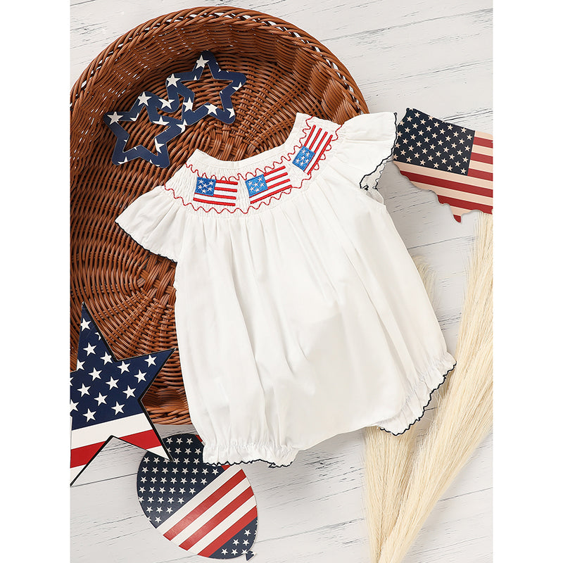 US Local Baby Girl 4th Of July Bubble Romper, Smocked Fly Sleeve Bodysuit With American Flag Embroidery