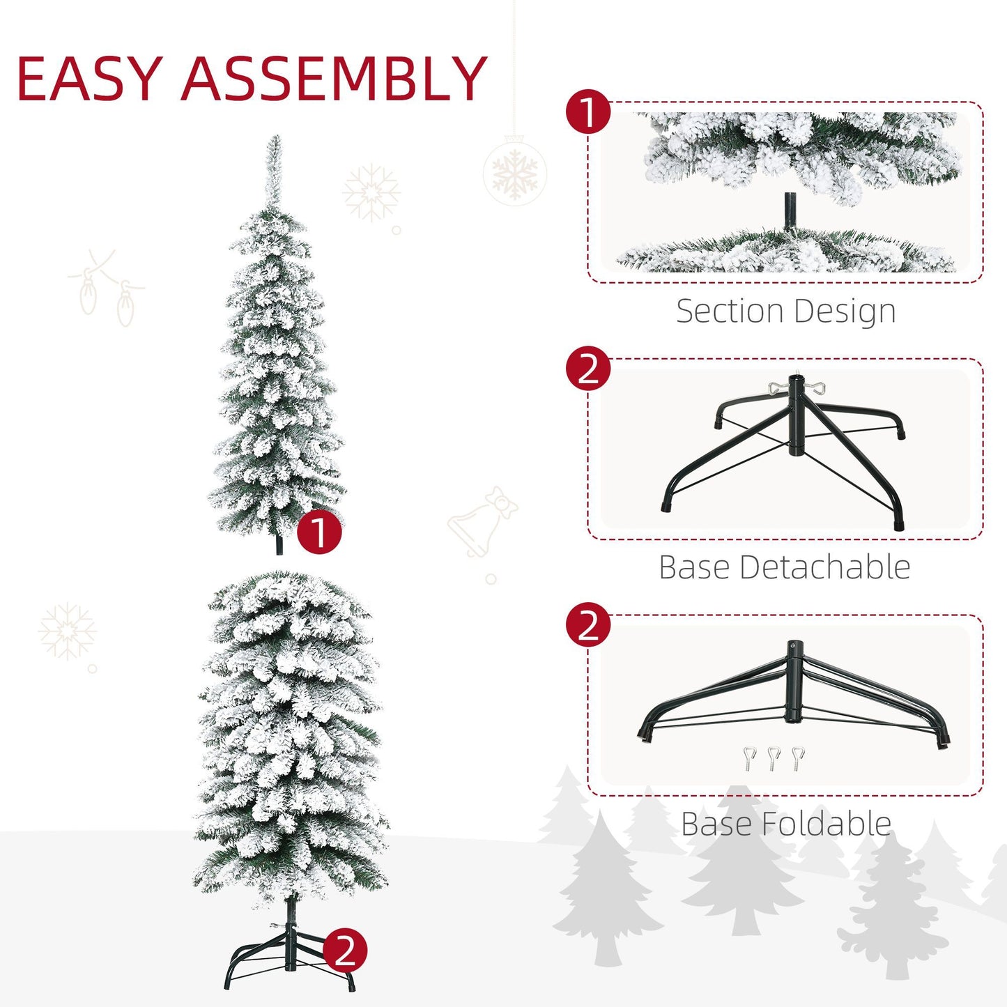 CA Local 6 Ft Snow-Flocked Artificial Christmas Tree, Slim Pencil Xmas Tree With Realistic Branches, Metal Base, Green