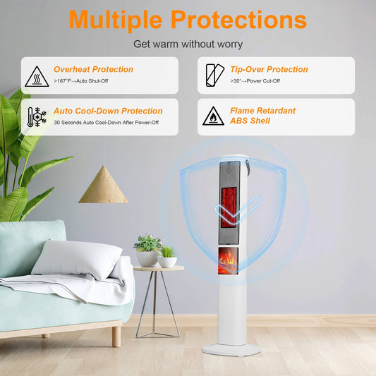 US Local 1500W Oscillating Ceramic Tower Space Heater With 3D Flame Portable Electric Heater With 3 Wind Modes Remote Control 5 Timer Overheat Tip-Over Protection For Bedroom Office