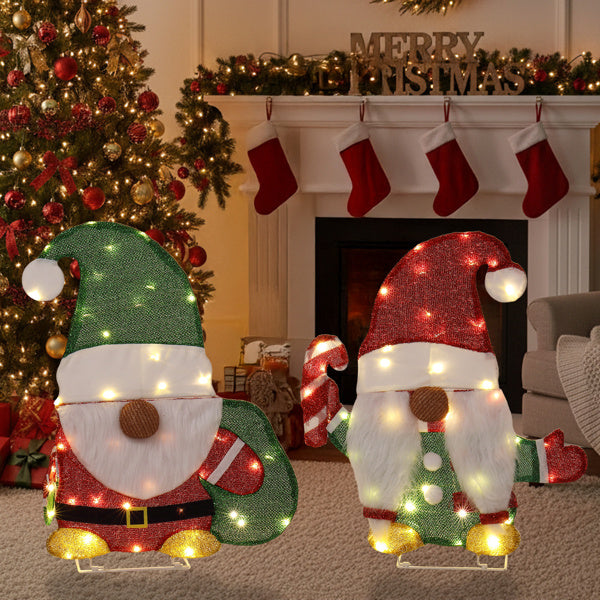 US Local Set Of 2 Lighted Gnome And Candy Cane Christmas Decorations, Pre-lit 2D Holiday Decor With 80 Warm White LED Lights For Xmas Outdoor Indoor Decor Lighted Holiday Displays