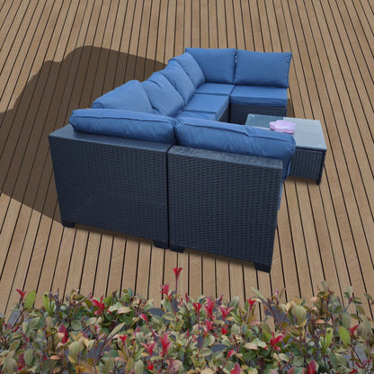 US Local Seven-Piece Sofa Set Table With Sofa Chair Black PE Rattan Outdoor Furniture 7-JH001 Box 3-1-2-3 With Blue Color Cushion