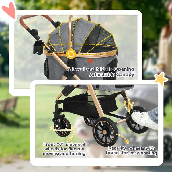 US Local 3 In 1 Dog Stroller With Detachable Cabin, 4 Wheel Folding Lightweight Pet Stroller For Small Dogs, Gray