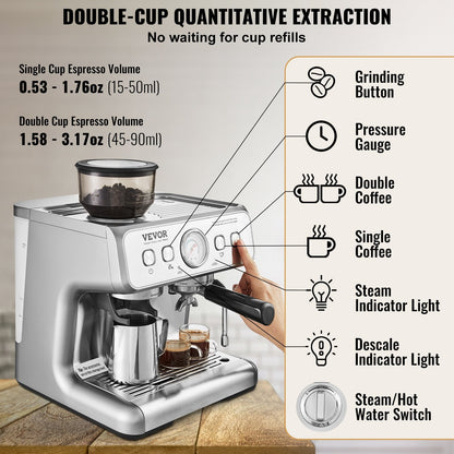 US Local Espresso Machine With Grinder, 15 Bar Semi-Automatic Espresso Coffee Maker With Milk Frother Steam Wand, Removable Water Tank & Pressure Gauge For Cappuccino, Latte, Machiato, PID Control System